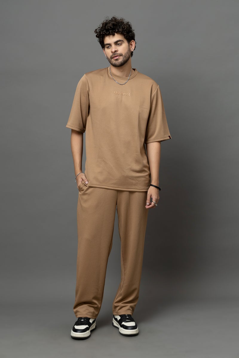 Go Devil Brown Textured T-Shirt With Pant Co-Ord Set For Men - Image 1